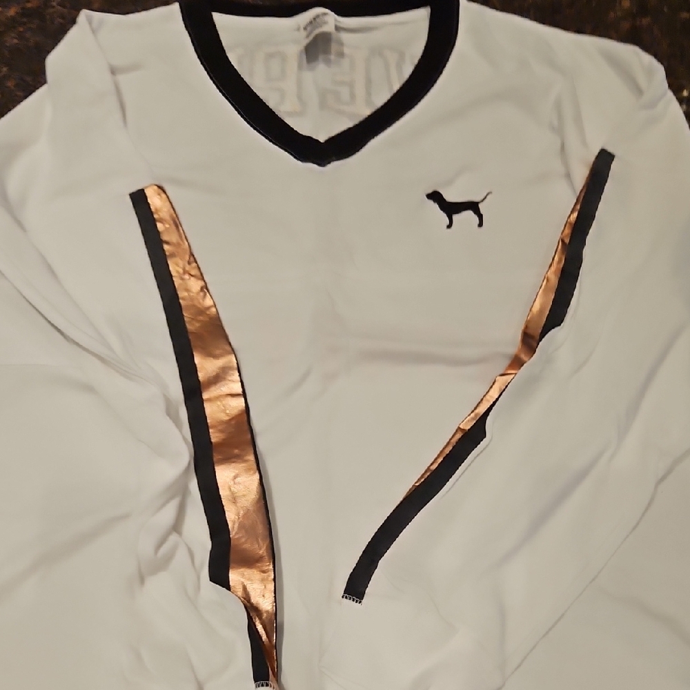 PINK Victoria's Secret White Long Sleeve Tee with Black and Gold Accents